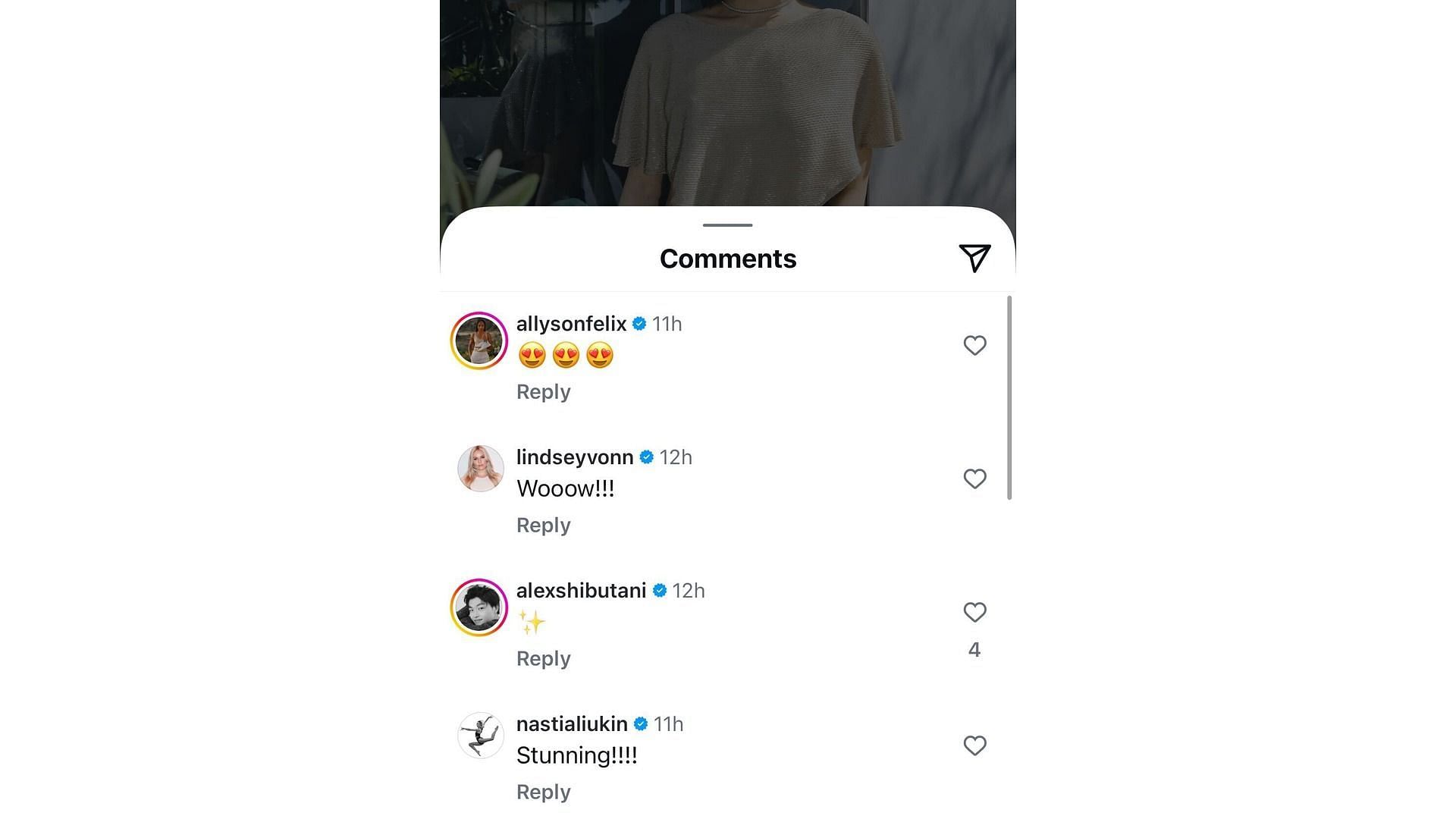 Comments of the top athletes on Shibutani's post (Image via: Shibutani's Instagram)